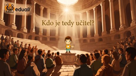 Starověký učitel vede skupinu žáků v otevřeném amfiteátru pod paprsky slunce, které symbolizují osvícení a vědění.