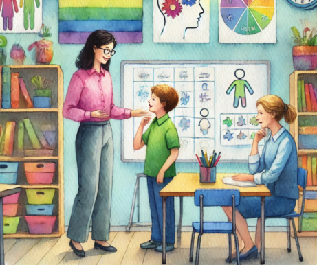 Ilustrace v akvarelovém stylu zobrazující harmonický školní kolektiv; děti různých věkových kategorií spolupracují a hrají si ve třídě s příjemným prostředím.