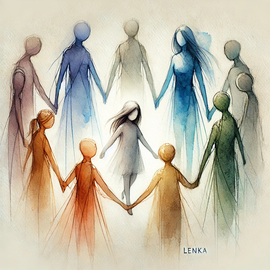Akvarel zobrazující rodinný kruh, kde postavy drží za ruce, a jedna postava (Lenka) je odlišena chladnějšími tóny, vyzařujícími smutek a nejistotu.