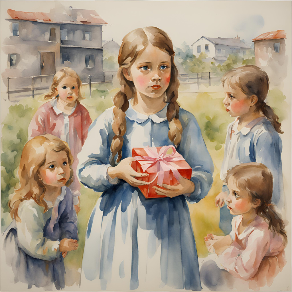 Dívka v nejistotě drží v rukou dárek, stojí mezi skupinami dětí a snaží se zapadnout, i když její vnitřní nejistota je viditelná.