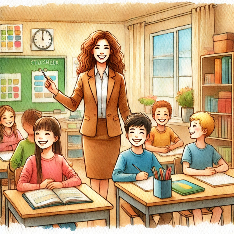 Akvarelová ilustrace spokojených žáků a učitelů ve třídě, která symbolizuje přínosy strukturovaného prostředí.
