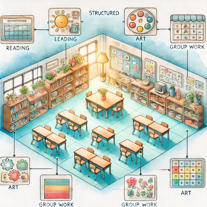 Akvarelová ilustrace zobrazující principy strukturovaného prostředí ve třídě, včetně fyzické struktury, jasných zón pro různé aktivity a vizuálních pomůcek.