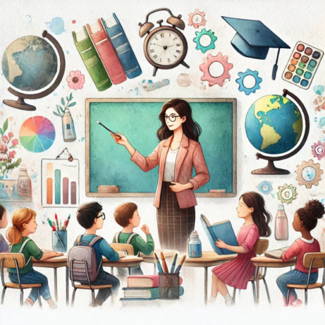 Ilustrační obrázek k článku o vzdělávání dětí, zobrazující školní pomůcky, barevné akvarelové prvky a pastelové tóny Eduall