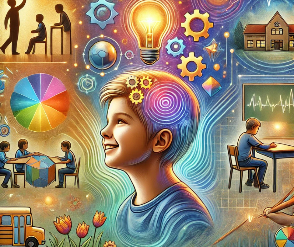 "Ilustrace znázorňující mimořádné schopnosti dětí s ADHD, včetně kreativního myšlení, hyperkoncentrace a zvýšené smyslové vnímavosti."