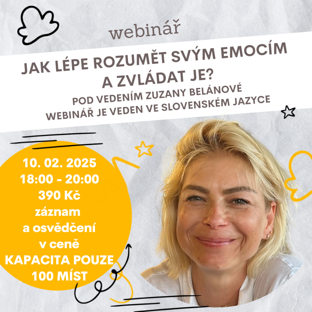 Ilustrace znázorňující téma emocí, člověka v zamyšlené pozici s myšlenkami, symbolizující rozumění a zvládání emocí.