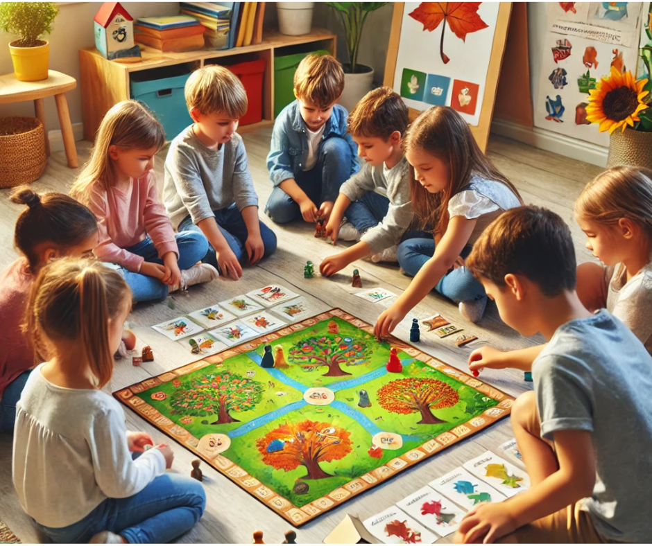 „Detailní záběr na skupinu dětí, jak hrají podzimní deskovou hru a spolupracují na splnění úkolů.“