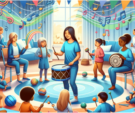 Ilustrace znázorňující současné využití hudby v terapii, včetně hry na klavír, zpěvu a poslechu hudby v moderním terapeutickém prostředí.
