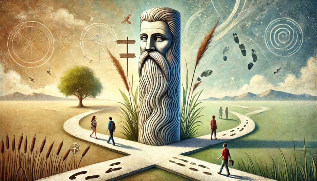 Symbolická ilustrace učitele jako sloupu na&nbsp;rozcestí, s&nbsp;dětmi kráčejícími po&nbsp;jedné z&nbsp;cest, znázorňující vedení a&nbsp;inspiraci učitele.