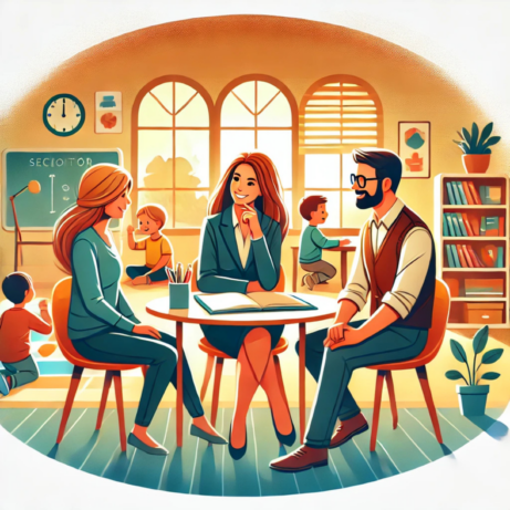 Ilustrace spolupráce mezi učiteli a rodiči ve škole, znázorňující vzájemnou podporu a komunikaci.