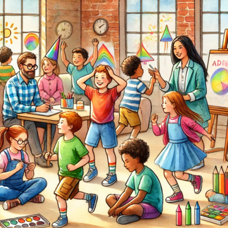 Akvarelová ilustrace školní družiny s dětmi s ADHD a specifickými poruchami učení (SPU), kde se děti zapojují do her, výtvarných aktivit a spolupracují s pedagogy.