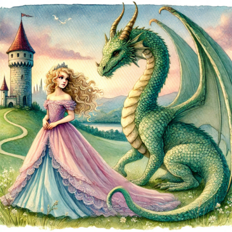 Akvarelová ilustrace princezny v růžových šatech stojící vedle zeleného draka, v pozadí pohádkový hrad a krajina.