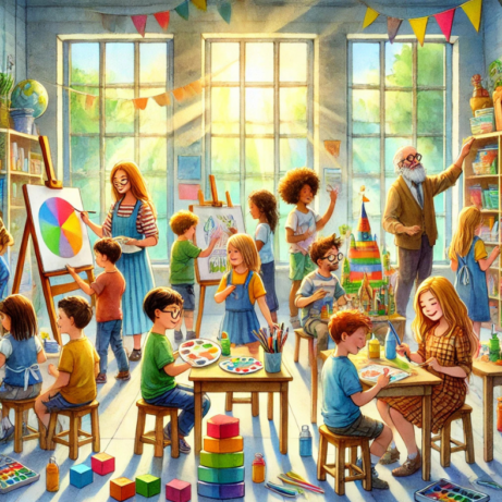 Akvarelová ilustrace živé třídy plné dětí a učitele při interaktivní výuce.