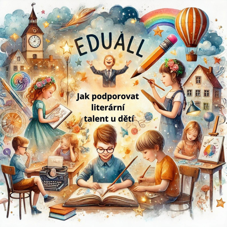 Děti tvoří příběhy v kreativním prostředí, obklopené knihami, tužkami a fantazijními motivy. Ilustrace k článku o podpoře literárního talentu u dětí na Eduall.