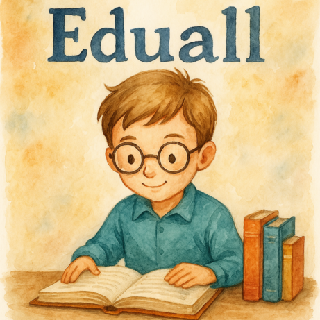 Akvarelová ilustrace chlapce se zájmem čtoucího knihu u stolu, obklopeného dalšími knihami, s nápisem „Eduall“ v pozadí