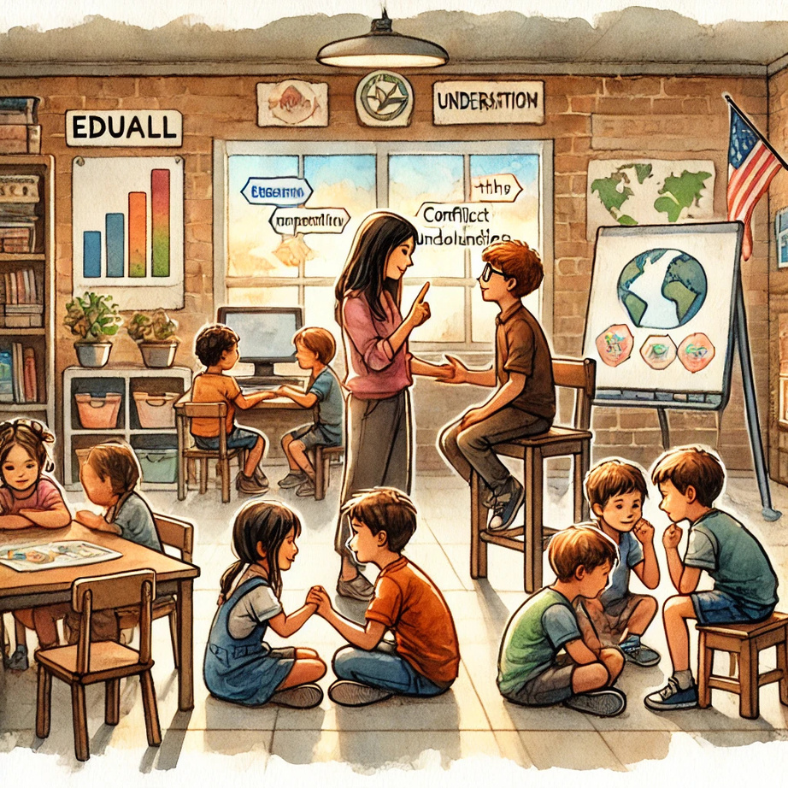 Ilustrace školního prostředí s dětmi, které se učí efektivní komunikaci a spolupráci. Učitelka pomáhá dítěti vyjádřit své pocity a ostatní žáci pracují ve skupinách na řešení konfliktů a rozvíjení empatie. Na zdi visí nápisy „Eduall“ a „Understanding“.