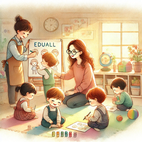 Ilustrace učitelky a dětí v přípravné třídě při kreativních aktivitách, Eduall.