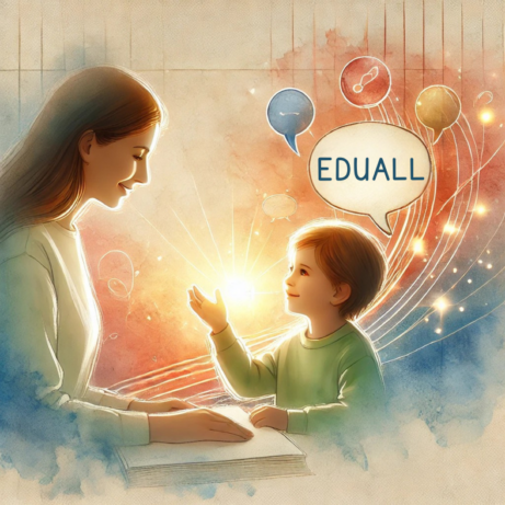 Ilustrace učitele a dítěte při komunikaci, s názvem Eduall v akvarelovém stylu. Symbolizuje empatickou a efektivní komunikaci s dětmi.