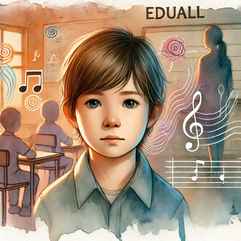 Ilustrace dítěte ve školní třídě s úzkostným výrazem, znázorňující Touretteův syndrom a jeho projevy ve škole.