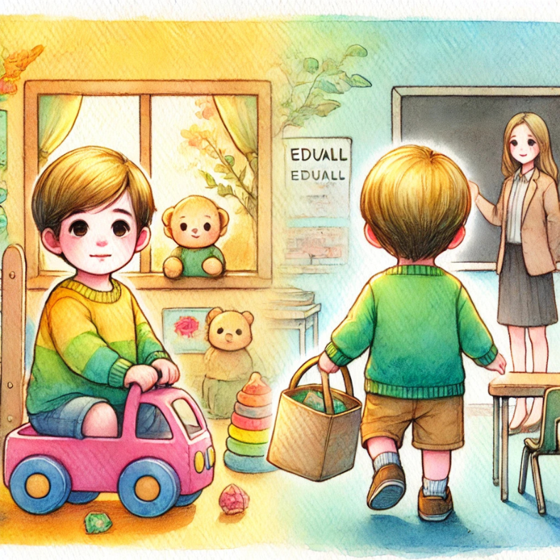 Akvarelová ilustrace znázorňující přechod dítěte z mateřské školy do základní školy, s nápisem „EDUALL“.