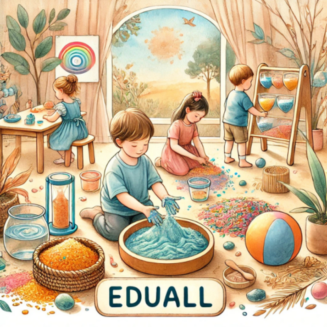 Děti si hrají s různými smyslovými materiály, jako je kinetický písek, barevná rýže a vodní korálky, v inspirativním prostředí podporujícím senzorické učení.