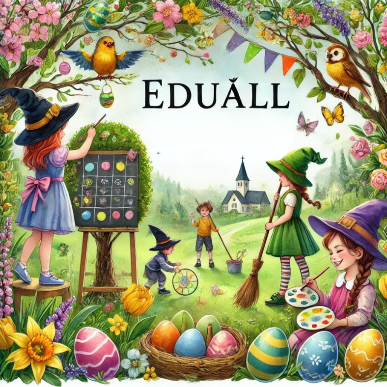 Akvarelová ilustrace jarní školní družiny s velikonočními tradicemi a čarodějnickými radovánkami. Děti malují velikonoční vajíčka, zdobí strom stuhami a na druhé straně se převlékají za čarodějnice s košťaty.