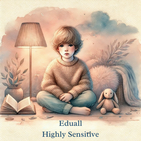 Akvarelová ilustrace symbolizující hypersenzitivitu u dětí s nápisem EDUALL. Jemné barvy vyjadřují citlivost a klid.