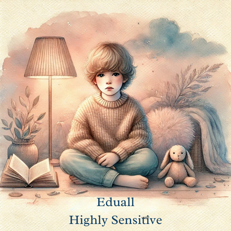 Akvarelová ilustrace symbolizující hypersenzitivitu u dětí s nápisem EDUALL. Jemné barvy vyjadřují citlivost a klid.