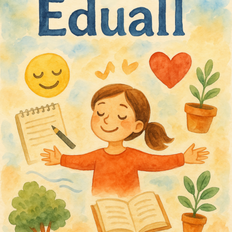 Akvarelová ilustrace s nápisem Eduall zobrazující dívku obklopenou symboly wellbeingu, jako je srdce, kniha a rostlina.
