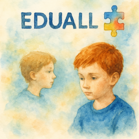 Akvarelová ilustrace dvou chlapců s poruchou autistického spektra s nápisem Eduall a symbolem puzzle, symbolizující měsíc osvěty autismu.