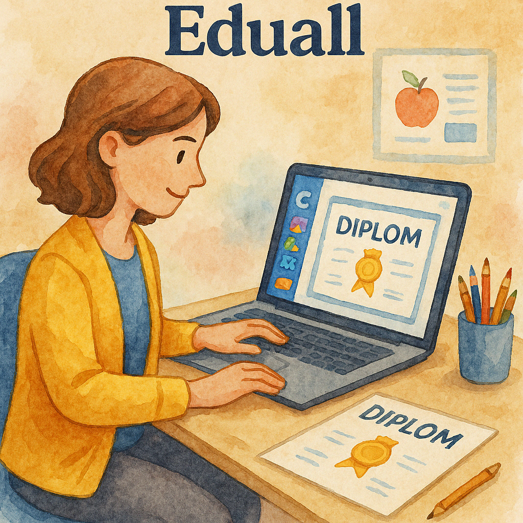 Učitelka tvoří diplom v grafickém editoru Canva na notebooku, ilustrace ve stylu akvarelu, v rohu logo Eduall.