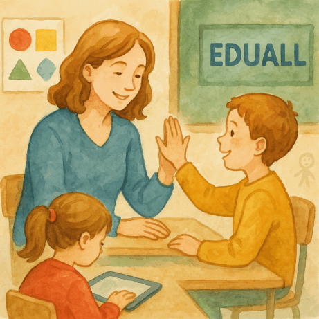 Speciální pedagog pracující s dětmi ve třídě – akvarelová ilustrace s logem Eduall