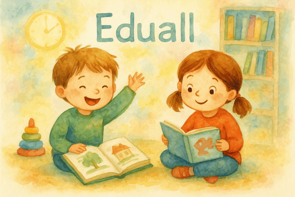 Akvarelová ilustrace dětí ve třídě – chlapec a dívka si s úsměvem prohlížejí knížky, v pozadí jsou hračky a knihovna. V horní části obrázku je jemně zakomponovaný nápis Eduall.