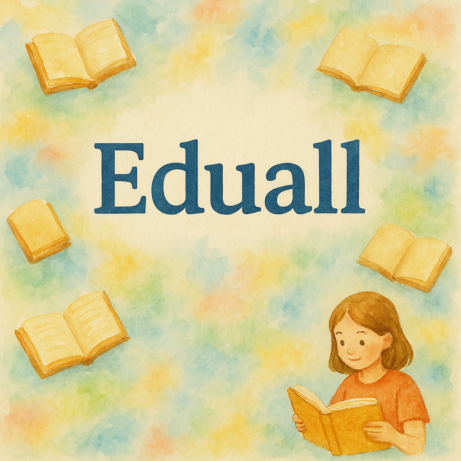 Akvarelová ilustrace s logem Eduall, dívkou čtoucí knihu a otevřenými knihami v jemných pastelových barvách – vizuál k článku o metodách výuky čtení.
