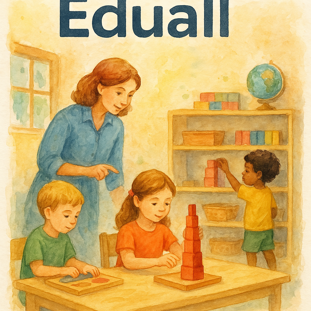 Akvarelová ilustrace Montessori třídy s dětmi pracujícími s pomůckami a učitelkou v roli průvodce, s nápisem Eduall.