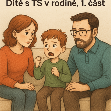 Ilustrace rodiny s dítětem s Touretteovým syndromem – rodiče podporují svého syna během projevů tiku, jemné barvy a empatická atmosféra.