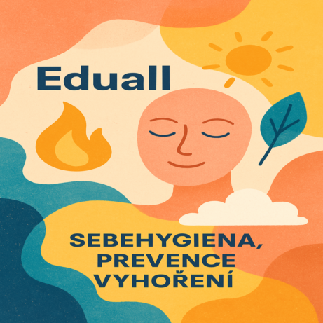 Abstraktní ilustrace s motivy sebehygieny a prevence vyhoření, doplněná logem Eduall