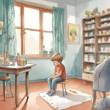 Dětský pokoj symbolizující klidné prostředí pro dítě s Touretteovým syndromem, s nápisem Eduall a stužkou povědomí o Touretteově syndromu v tyrkysové a fialové barvě.