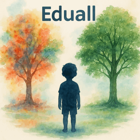 Akvarelová ilustrace dítěte mezi dvěma stromy – jeden rozostřený a chaotický, druhý klidný a zelený, s nápisem Eduall nahoře