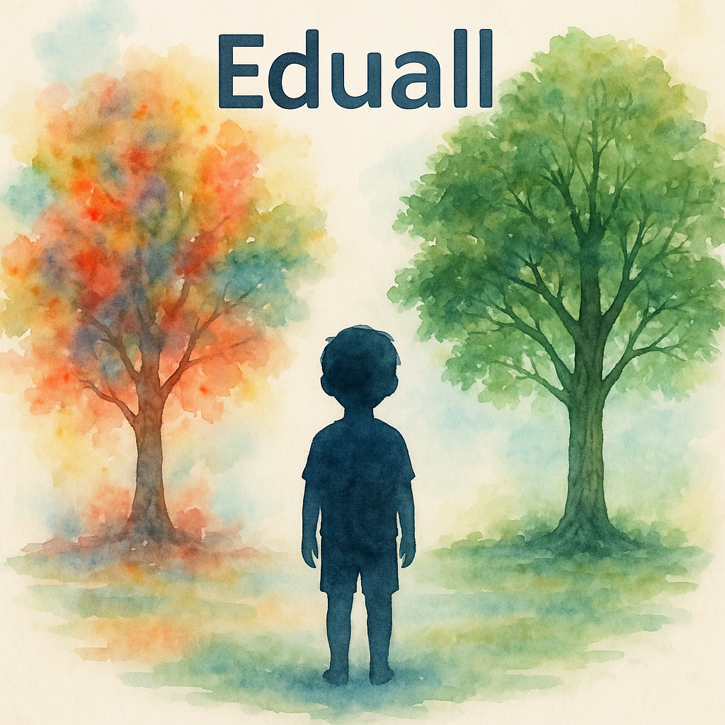 Akvarelová ilustrace dítěte mezi dvěma stromy – jeden rozostřený a chaotický, druhý klidný a zelený, s nápisem Eduall nahoře