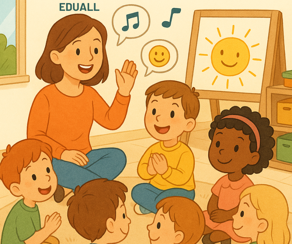 Usměvavá učitelka sedí s dětmi v kruhu při ranním rituálu ve třídě mateřské školy, obklopeni obrázky, hudebními symboly a slunečnou atmosférou.
