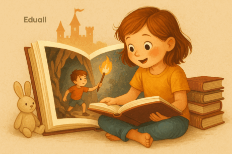 Dítě sedící v kouzelném lese s otevřenou knihou, kolem něj ožívají příběhy – draci, hrad a pohádkové bytosti