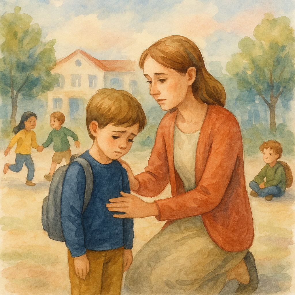 Učitelka utěšuje smutného chlapce na školním dvoře, ostatní děti si hrají na pozadí, akvarelová ilustrace.
