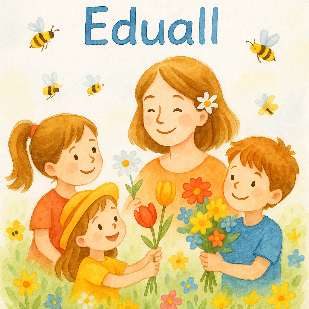 Akvarelový obrázek s usmívající se maminkou a třemi dětmi obklopenými květinami a včelkami, s nápisem Eduall.