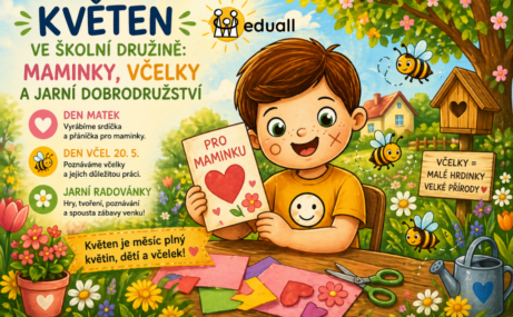 Ilustrace Edáčka ve školní družině na jaře, vyrábí přání pro maminku, kolem jsou květiny, včely a jarní příroda