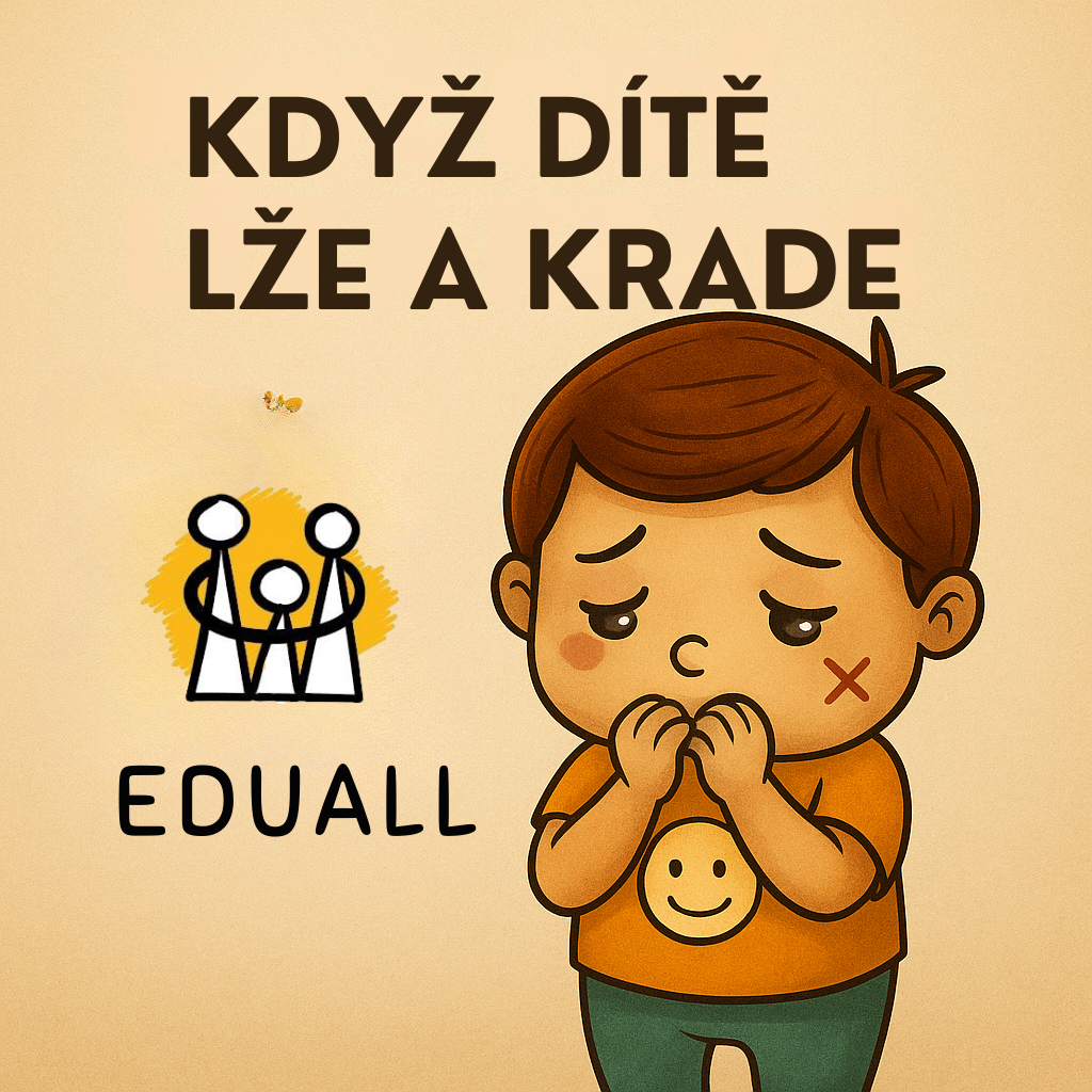 Ilustrace Edáčka, který se stydí, doplněná logem Eduall. Obrázek tematicky doprovází článek o dětském lhaní a krádežích.