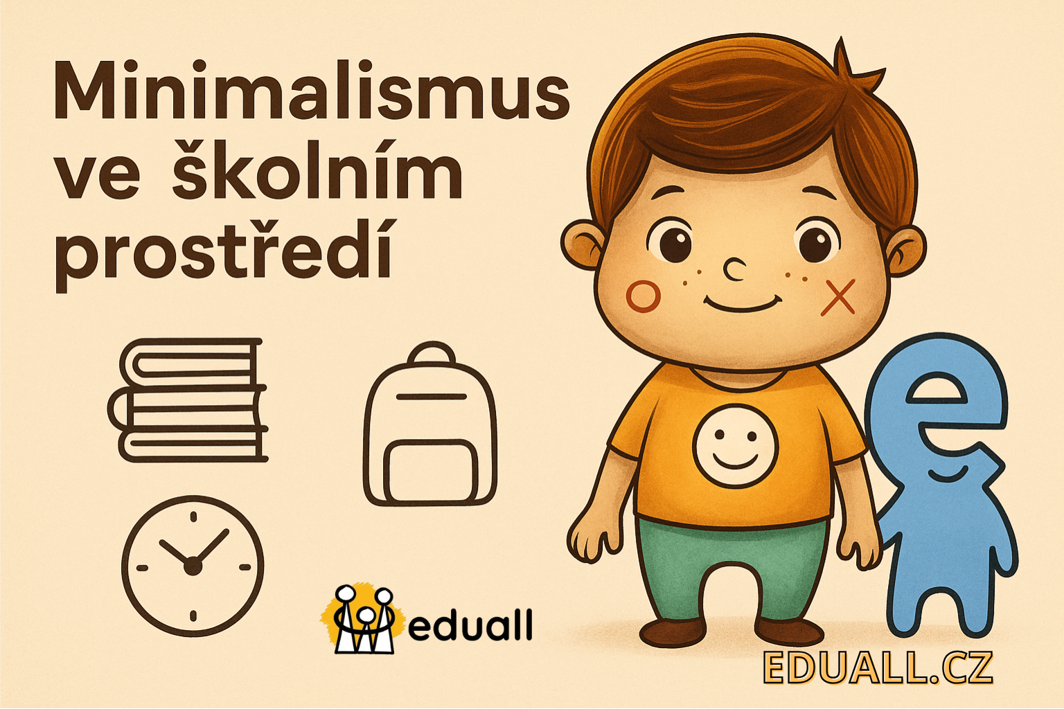 Ilustrace postavičky Edáčka v minimalistickém školním prostředí