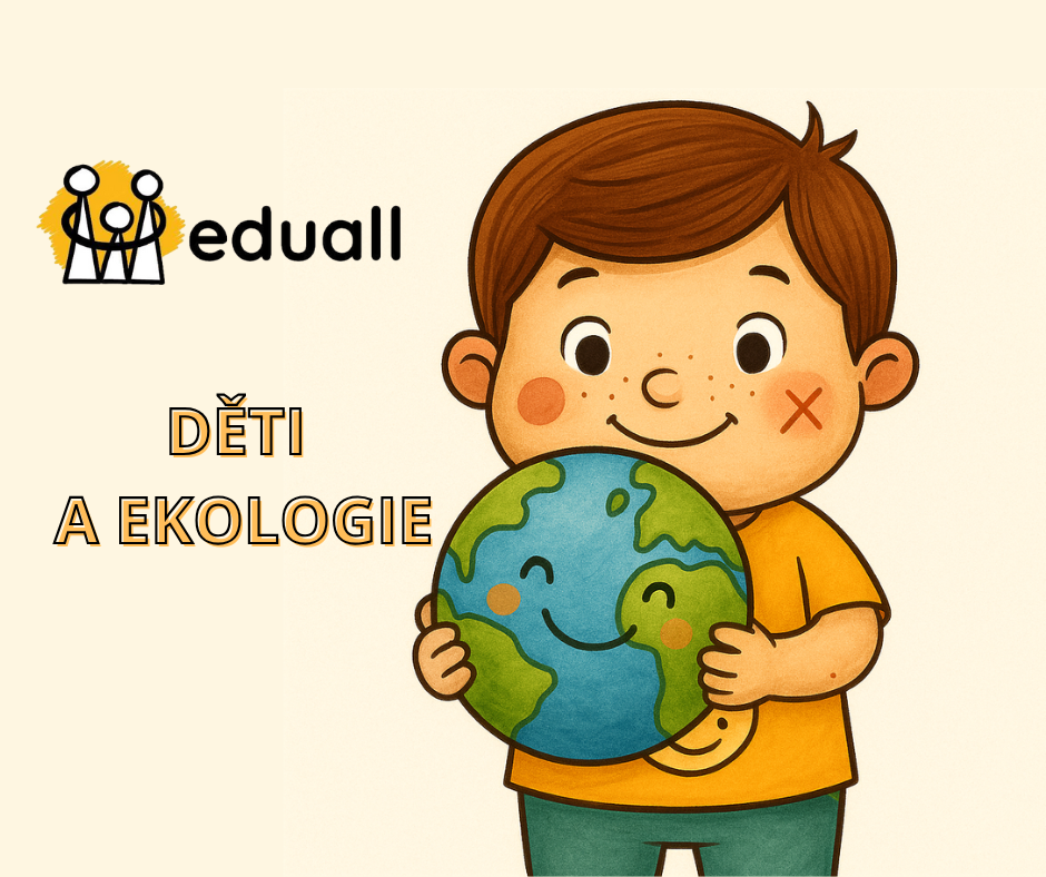 Ilustrace usměvavého chlapečka Edáčka, který drží v náručí planetu Zemi s veselým výrazem, symbolizující ekologickou výchovu dětí.