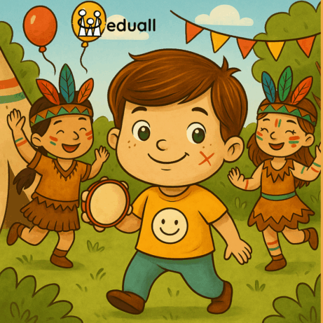 Ilustrace Edáčka a dětí ve školní družině při indiánské taneční choreografii pod širým nebem.