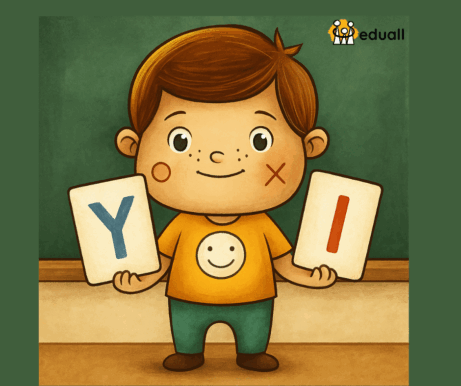 Ilustrace postavičky Edáčka ve třídě, jak drží kartičky s písmeny Y a I – učivo tvrdých a měkkých souhlásek pro 2. třídu