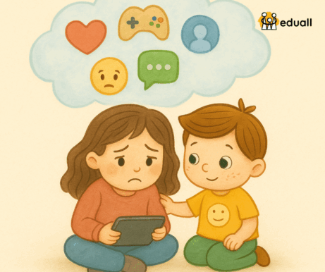 Ilustrace dítěte s tabletem vedle postavičky Edáčka, znázorňující vliv internetu na děti. Styl kresby je jemný a dětsky přívětivý